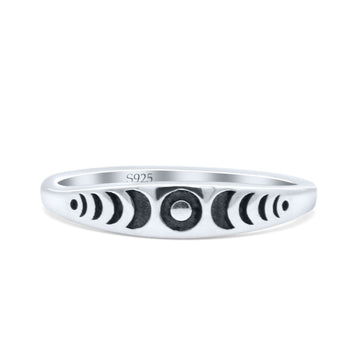 Vintage Moon Phases On Dainty Lunar Engraved Artisan Style Oxidized Fashion Band Thumb Ring